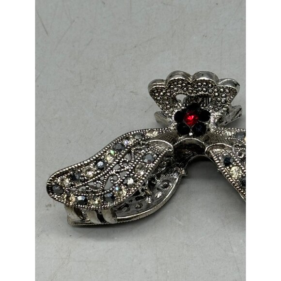 women's metal embellished hair clip silver color red faux stone 3x1.5" READ - Picture 3 of 7